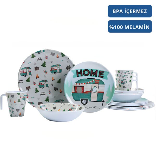 Campout 4 Kişilik 16 Parça Melamin Yemek Takımı - Karavan Desenli